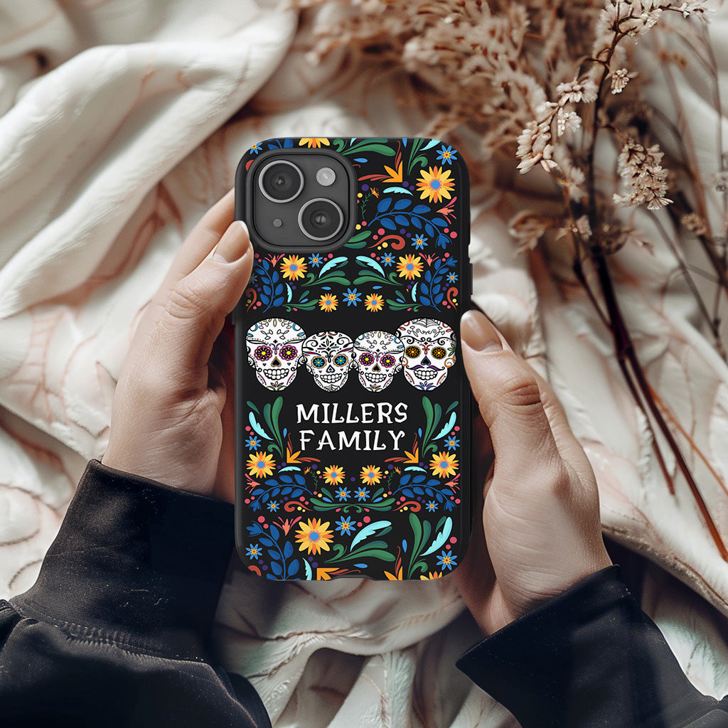 Personalized Family Name Floral Day of the Dead Phone Case, Multiple Styles Available, iPhone, Pixel, Samsung