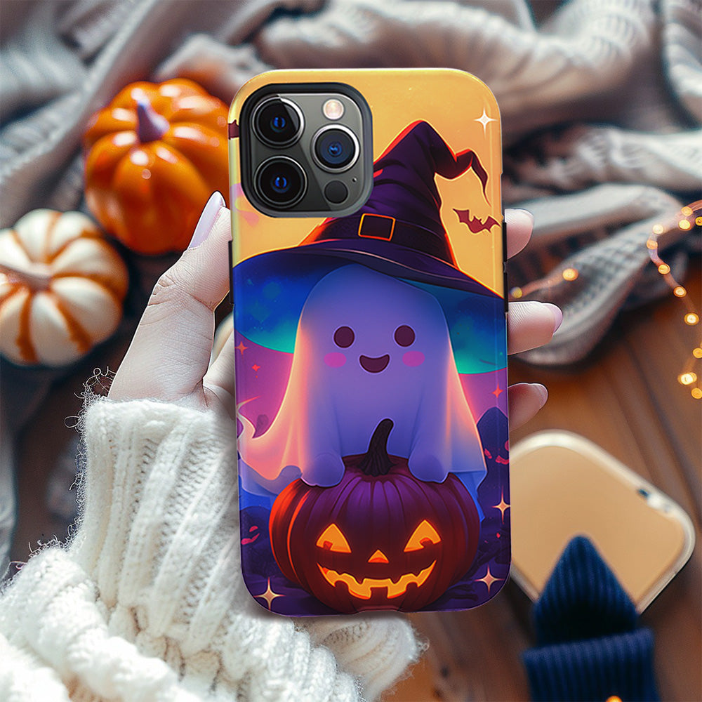 Cute Ghost and Pumpkin Phone Case with Witch Hat Design, iPhone, Pixel, Samsung