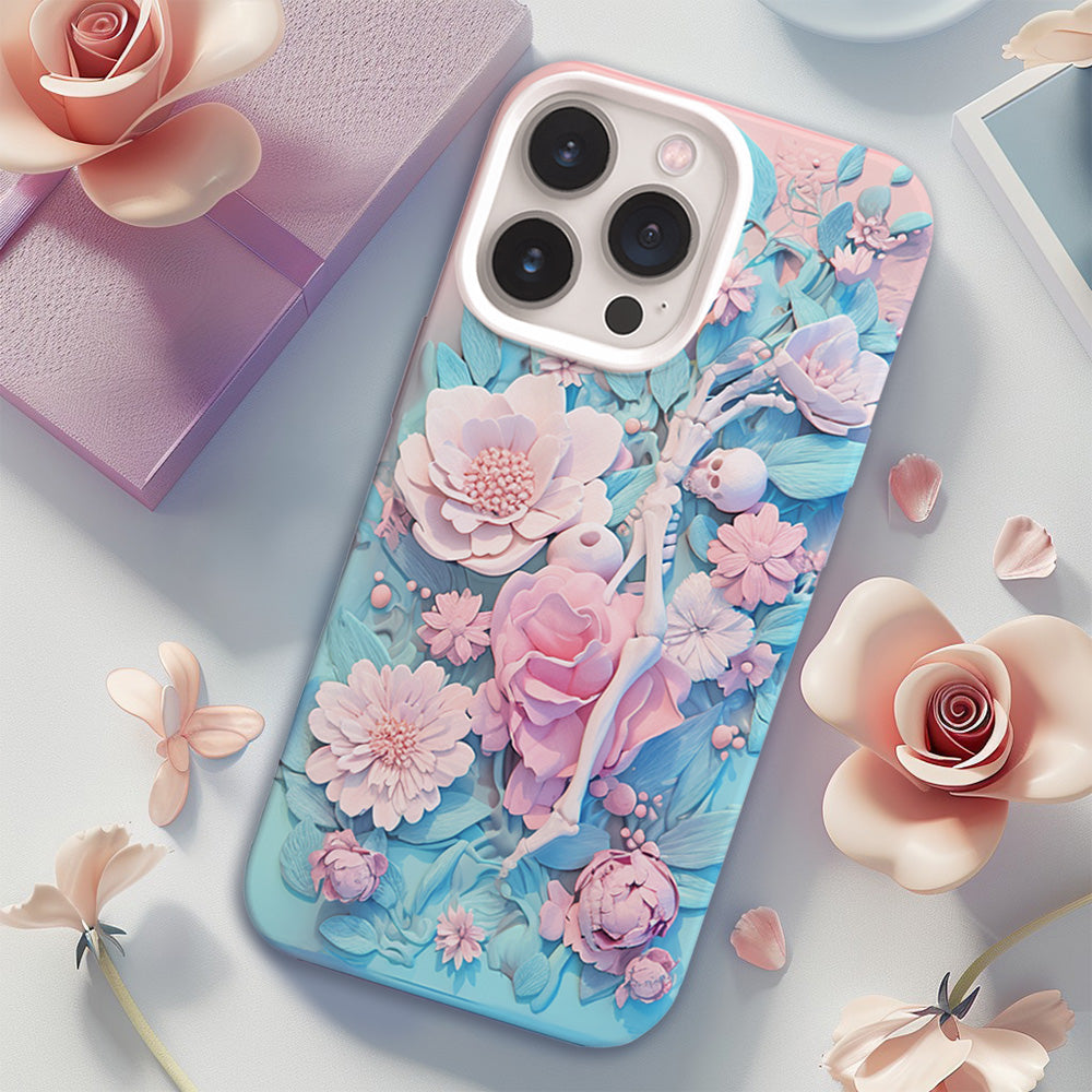 3D Pastel Skeleton with Pink Flowers Phone Case, Stylish Printed Cover,iPhone, Pixel, Samsung