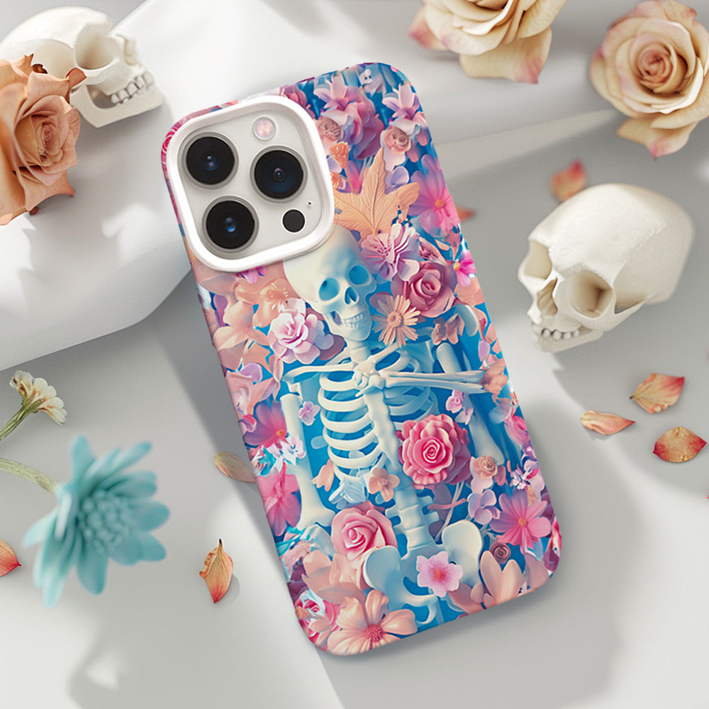 Pastel Skeleton with Pink Flowers Phone Case, Artistic Cover,iPhone, Pixel, Samsung