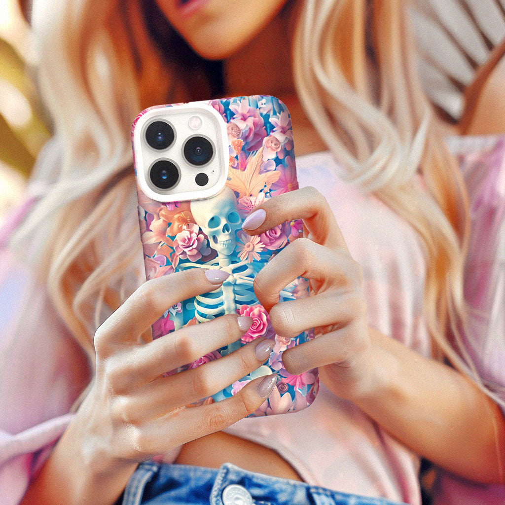 Pastel Skeleton with Pink Flowers Phone Case, Artistic Cover,iPhone, Pixel, Samsung