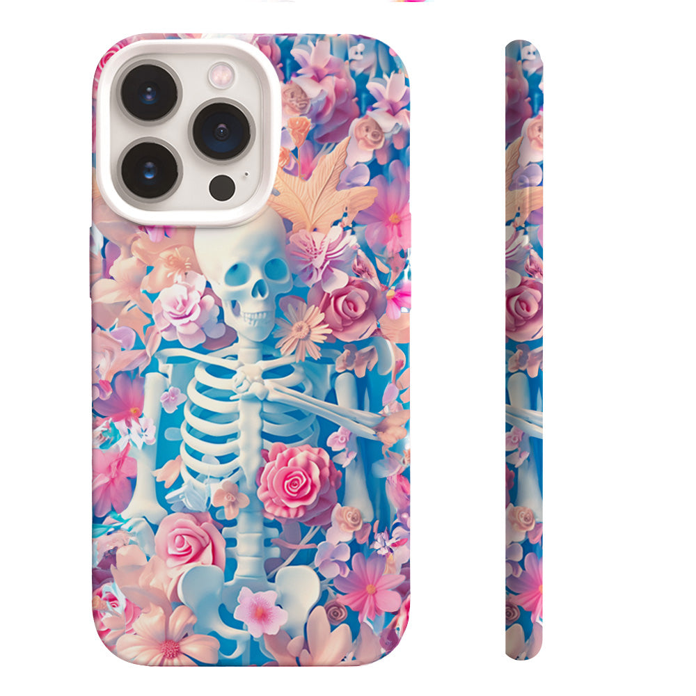 Pastel Skeleton with Pink Flowers Phone Case, Artistic Cover,iPhone, Pixel, Samsung