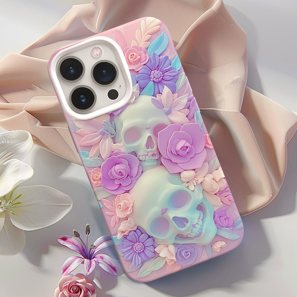 3D Pink Floral Skull Phone Case, Artistic Skeleton Design, for iPhone, Google Pixel, Samsung