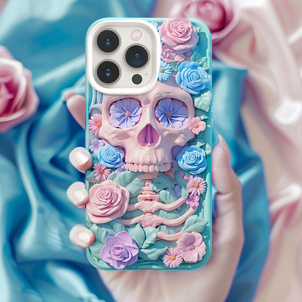 3D Purple Floral Skull Design Phone Case, for iPhone, Google Pixel, Samsung Galaxy