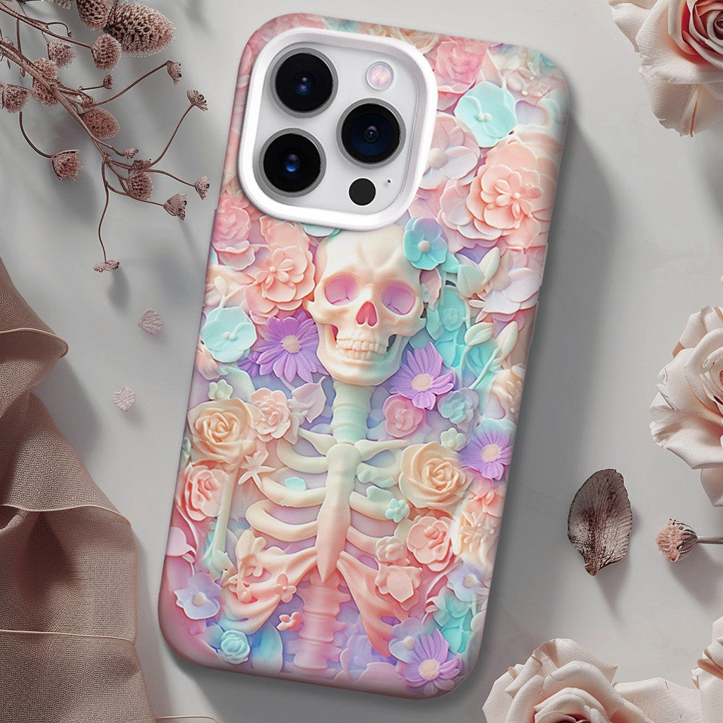 Skeleton and Pink Blooms Phone Case, Dreamy Floral Design,iPhone, Pixel, Samsung