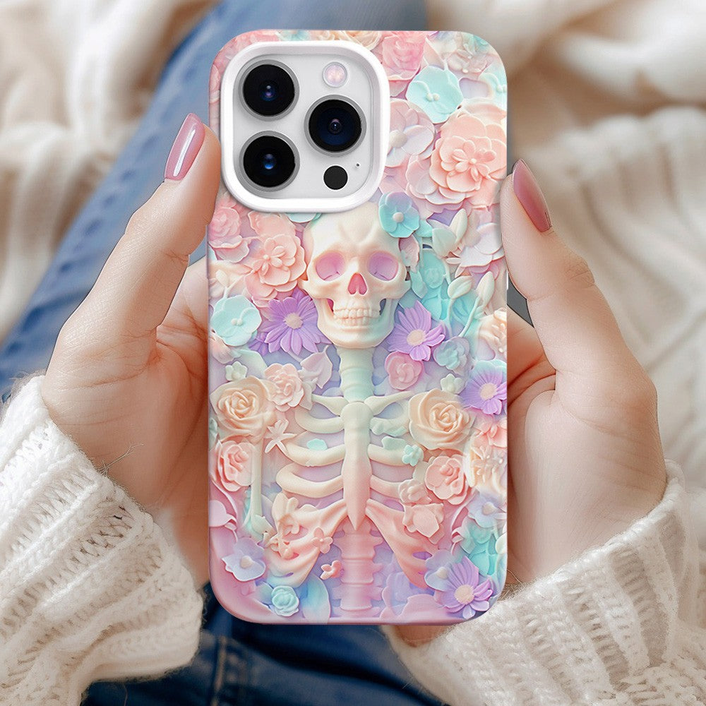 Skeleton and Pink Blooms Phone Case, Dreamy Floral Design,iPhone, Pixel, Samsung