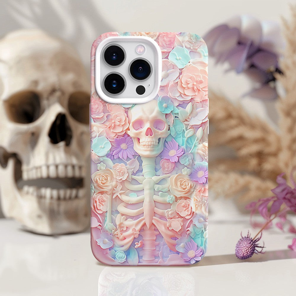 Skeleton and Pink Blooms Phone Case, Dreamy Floral Design,iPhone, Pixel, Samsung