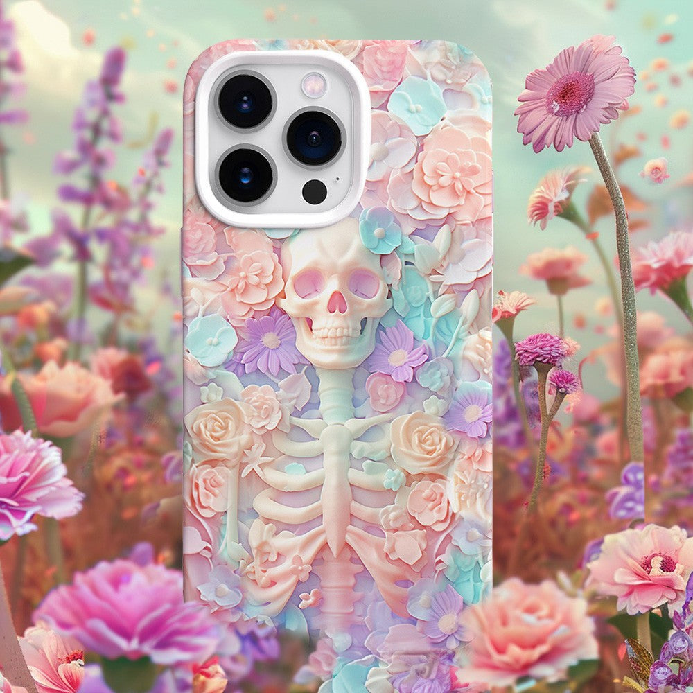 Skeleton and Pink Blooms Phone Case, Dreamy Floral Design,iPhone, Pixel, Samsung