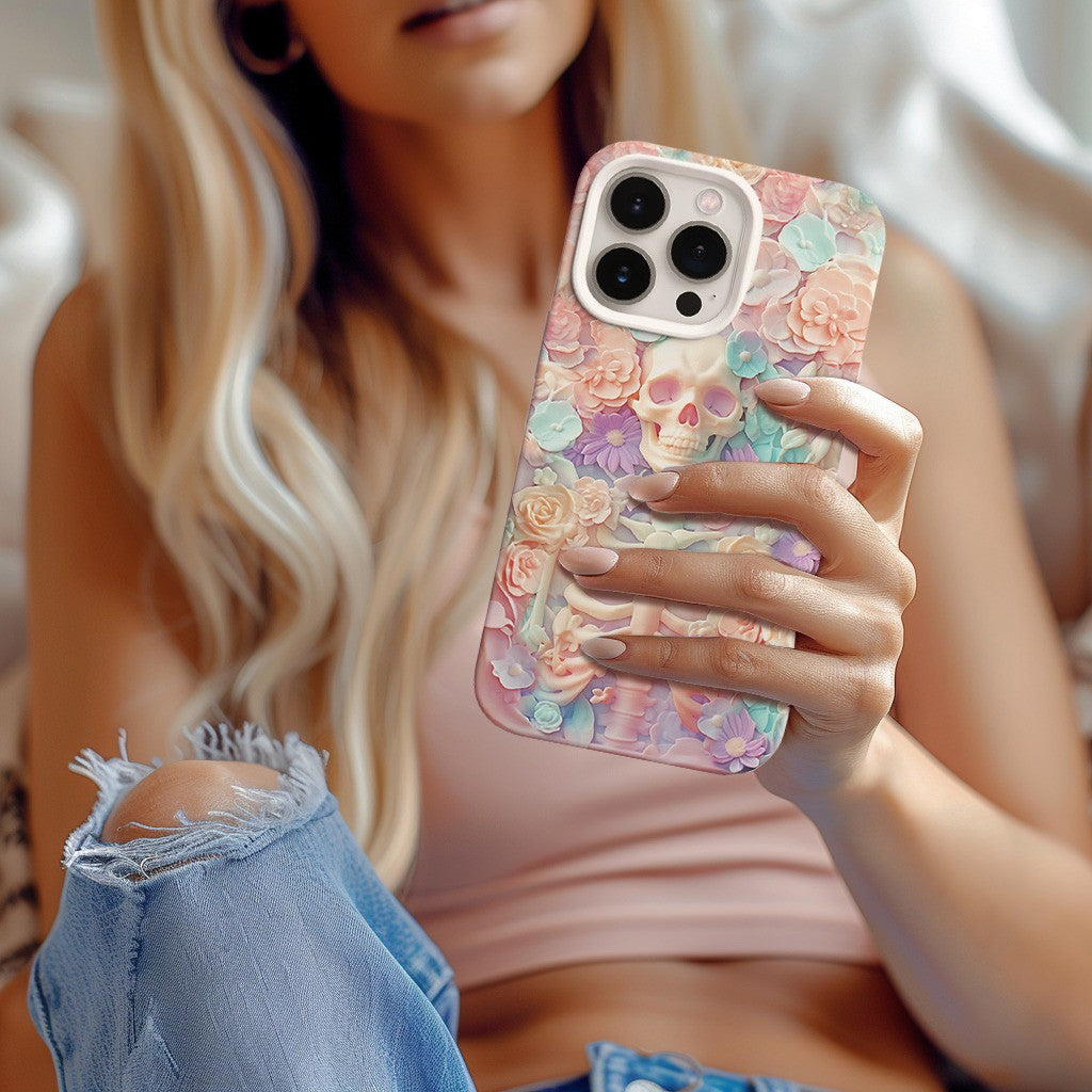 Skeleton and Pink Blooms Phone Case, Dreamy Floral Design,iPhone, Pixel, Samsung
