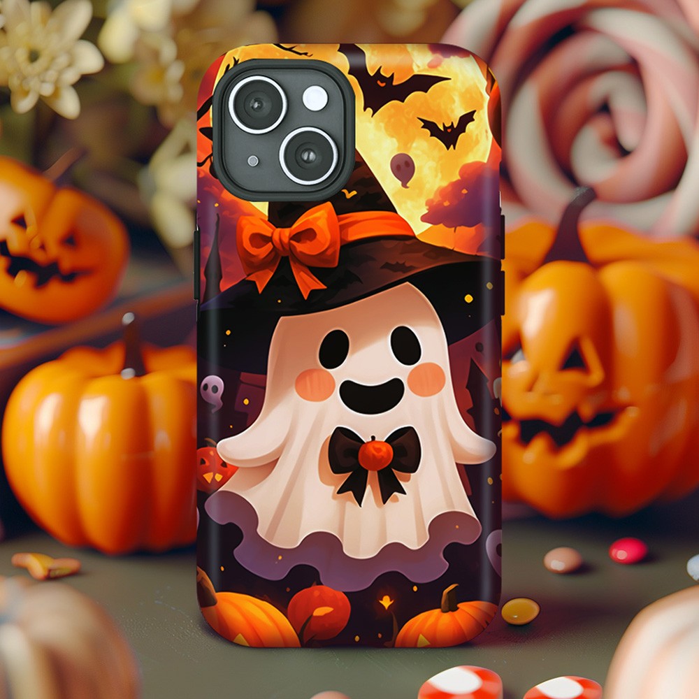 Ghost Halloween Phone Case with Pumpkin and Witch Hat, iPhone, Pixel, Samsung