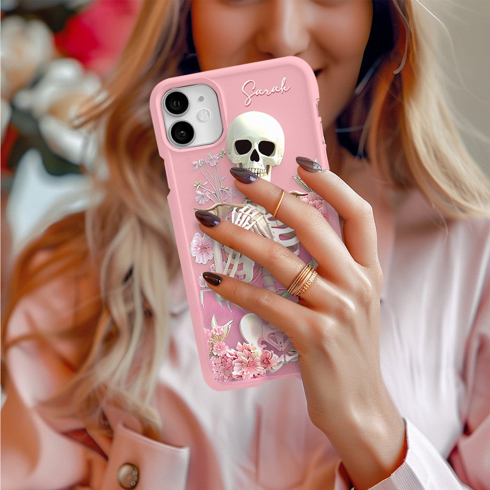 Personalized Name Pink Floral Skull Phone Case, Embroidered Look Floral Charm Phone Cover, Halloween Cottagecore, iPhone, Pixel, Samsung
