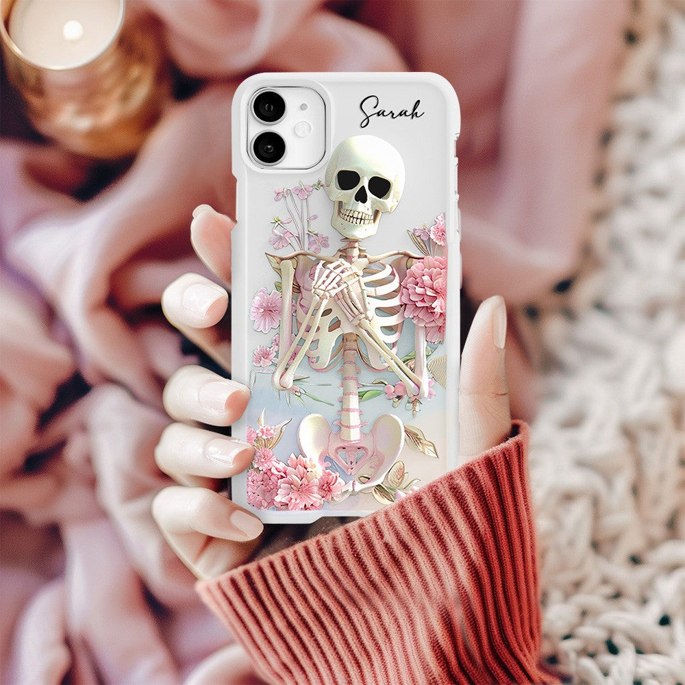 Personalized Name Pink Floral Skull Phone Case, Embroidered Look Floral Charm Phone Cover, Halloween Cottagecore, iPhone, Pixel, Samsung