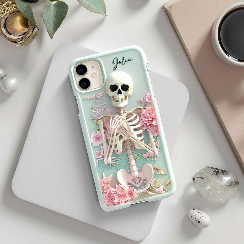 Personalized Name Pink Floral Skull Phone Case, Embroidered Look Floral Charm Phone Cover, Halloween Cottagecore, iPhone, Pixel, Samsung
