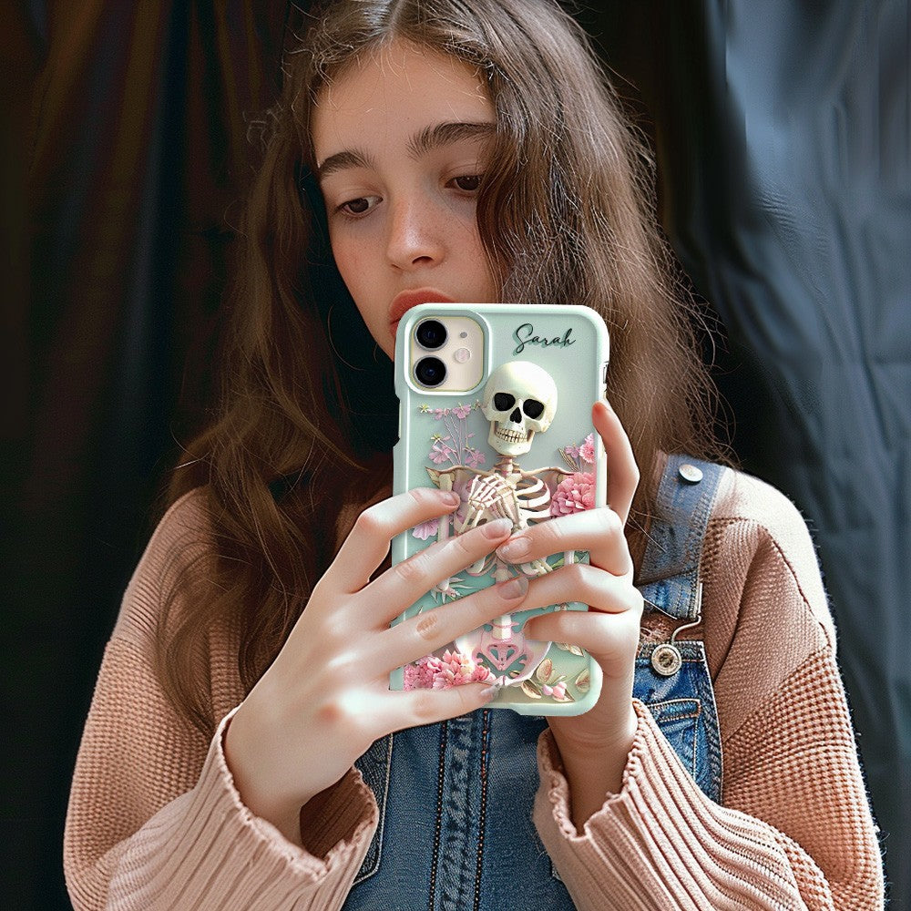 Personalized Name Pink Floral Skull Phone Case, Embroidered Look Floral Charm Phone Cover, Halloween Cottagecore, iPhone, Pixel, Samsung