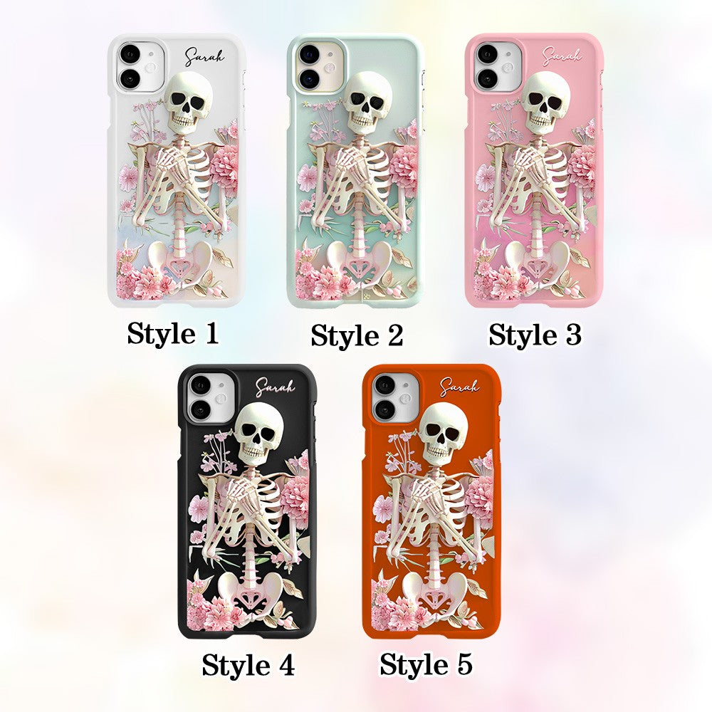 Personalized Name Pink Floral Skull Phone Case, Embroidered Look Floral Charm Phone Cover, Halloween Cottagecore, iPhone, Pixel, Samsung