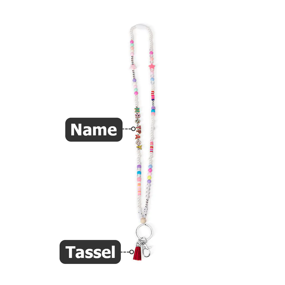 Personalized Colorful Beaded Teacher Lanyard with Tassel, Custom Name Wooden School Lanyard, Back to School/End of Year Gift for Teacher/Educator