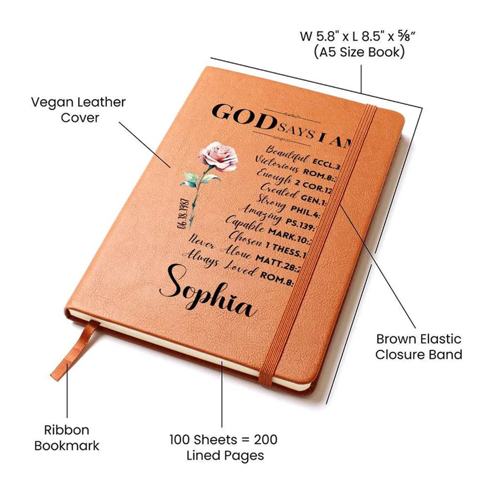 Custom Prayer Journal with Name & Birth Flower, God Says I Am Positive Affirmations Leather Notebook, Graduation/Birthday/Christmas/ Gift for Women