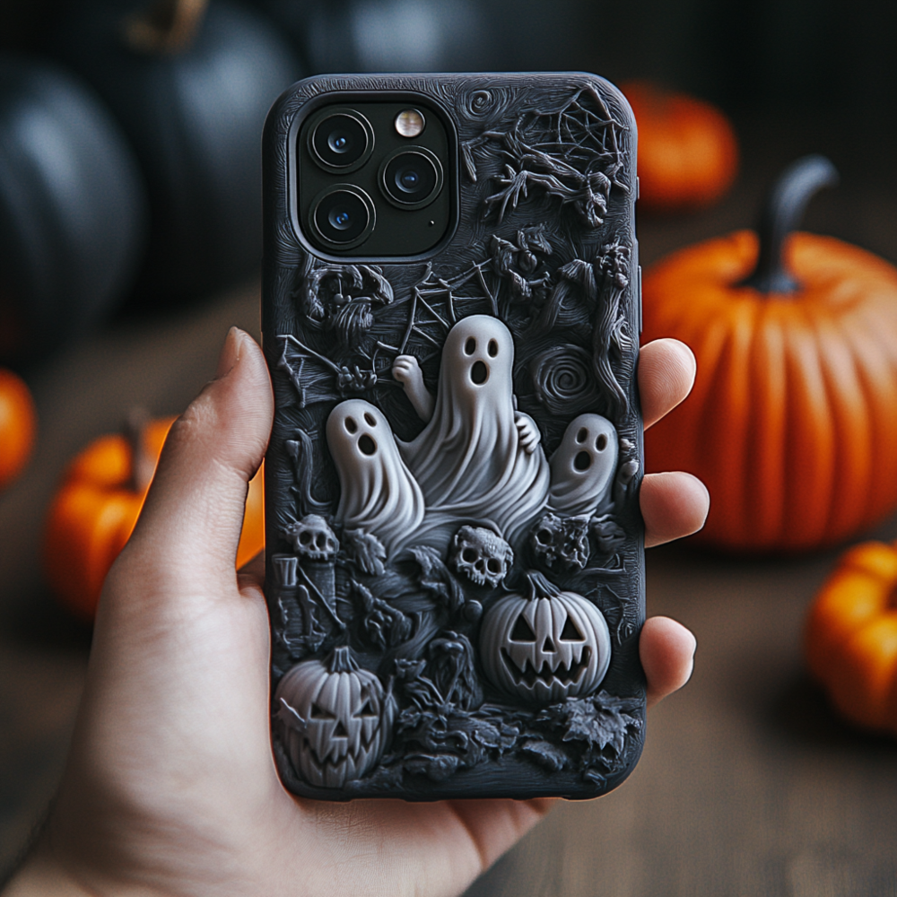 3D Ghost and Pumpkin Halloween Phone Case,Spooky Season Black Design, Multiple Styles for iPhone, Samsung Galaxy