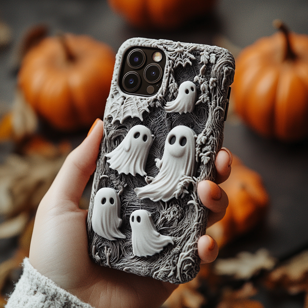 3D Ghost and Pumpkin Halloween Phone Case,Spooky Season Black Design, Multiple Styles for iPhone, Samsung Galaxy