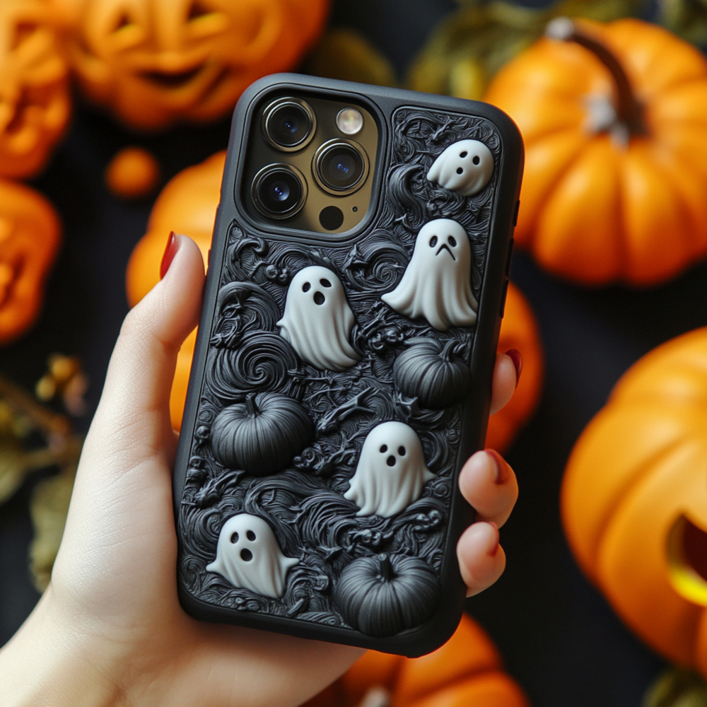 3D Ghost and Pumpkin Halloween Phone Case,Spooky Season Black Design, Multiple Styles for iPhone, Samsung Galaxy