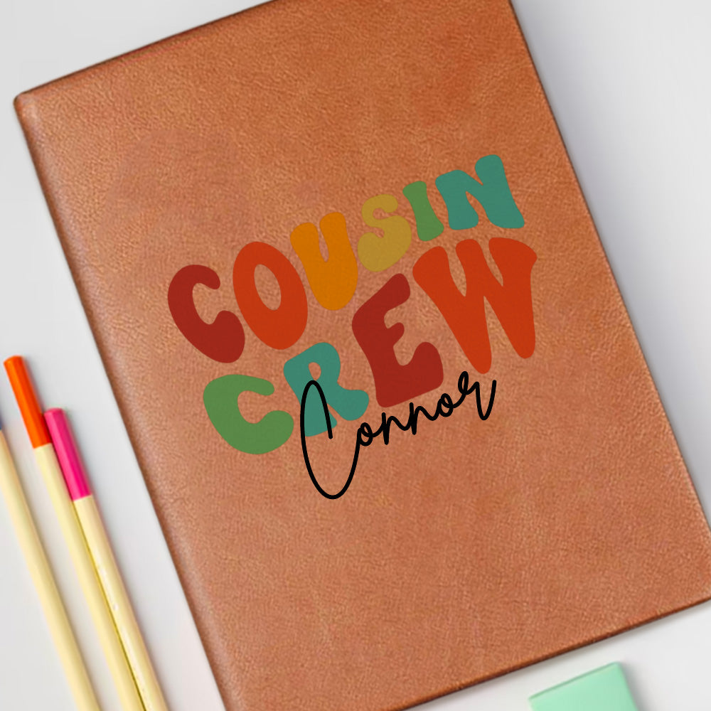 Personalized Cousin Crew Leather Notebook with Custom Name, Family Gift Journal for Kids and Adults