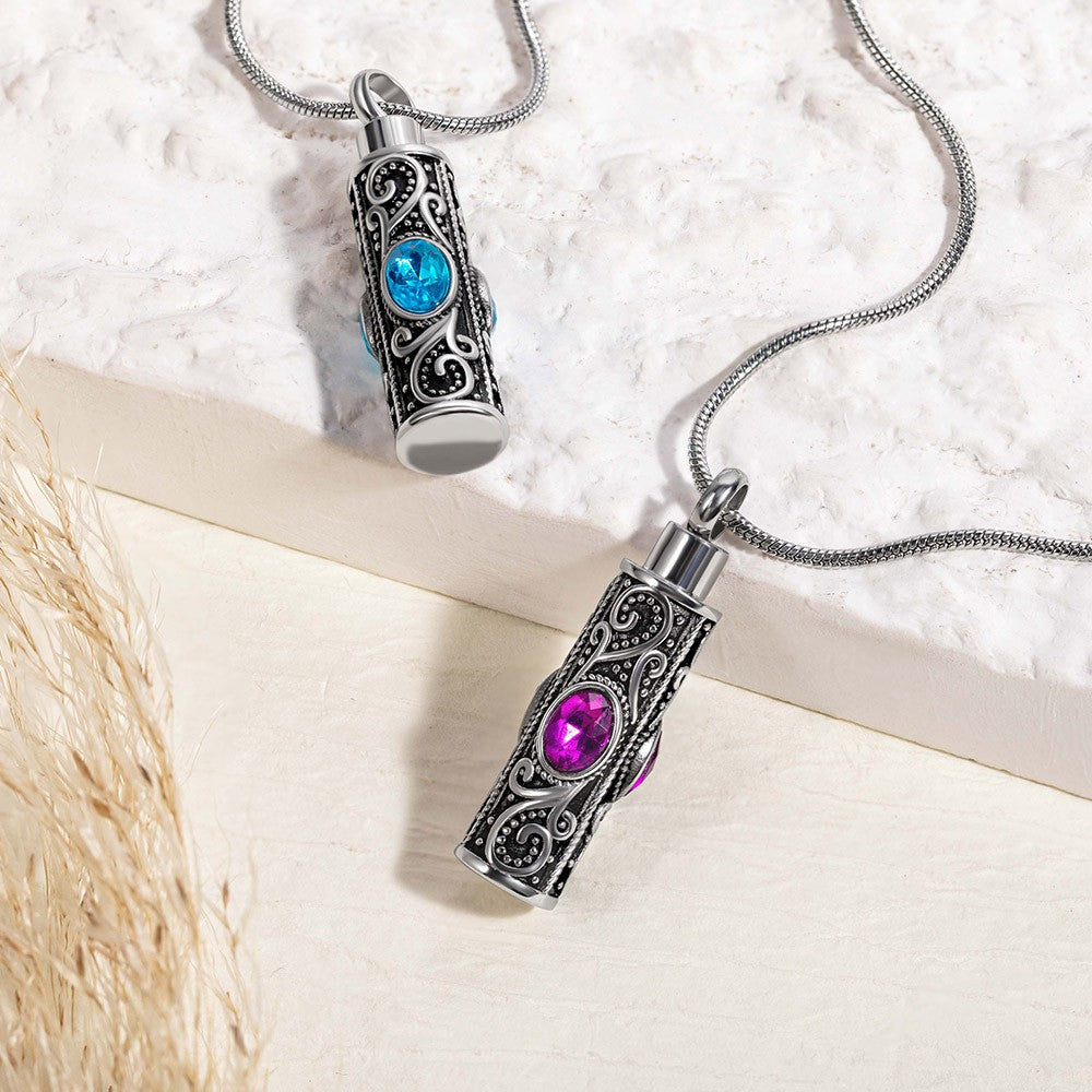 Personalized Gemstone Vintage Cylinder Urn Necklace for Ashes, Cremation Jewelry, Memorial Keepsake, Sympathy Gift for Pet Loss/Family/Friend/Lover