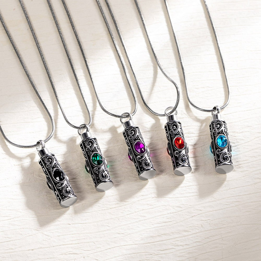 Personalized Gemstone Vintage Cylinder Urn Necklace for Ashes, Cremation Jewelry, Memorial Keepsake, Sympathy Gift for Pet Loss/Family/Friend/Lover