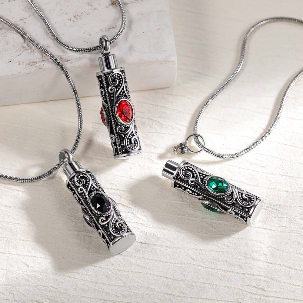 Personalized Gemstone Vintage Cylinder Urn Necklace for Ashes, Cremation Jewelry, Memorial Keepsake, Sympathy Gift for Pet Loss/Family/Friend/Lover
