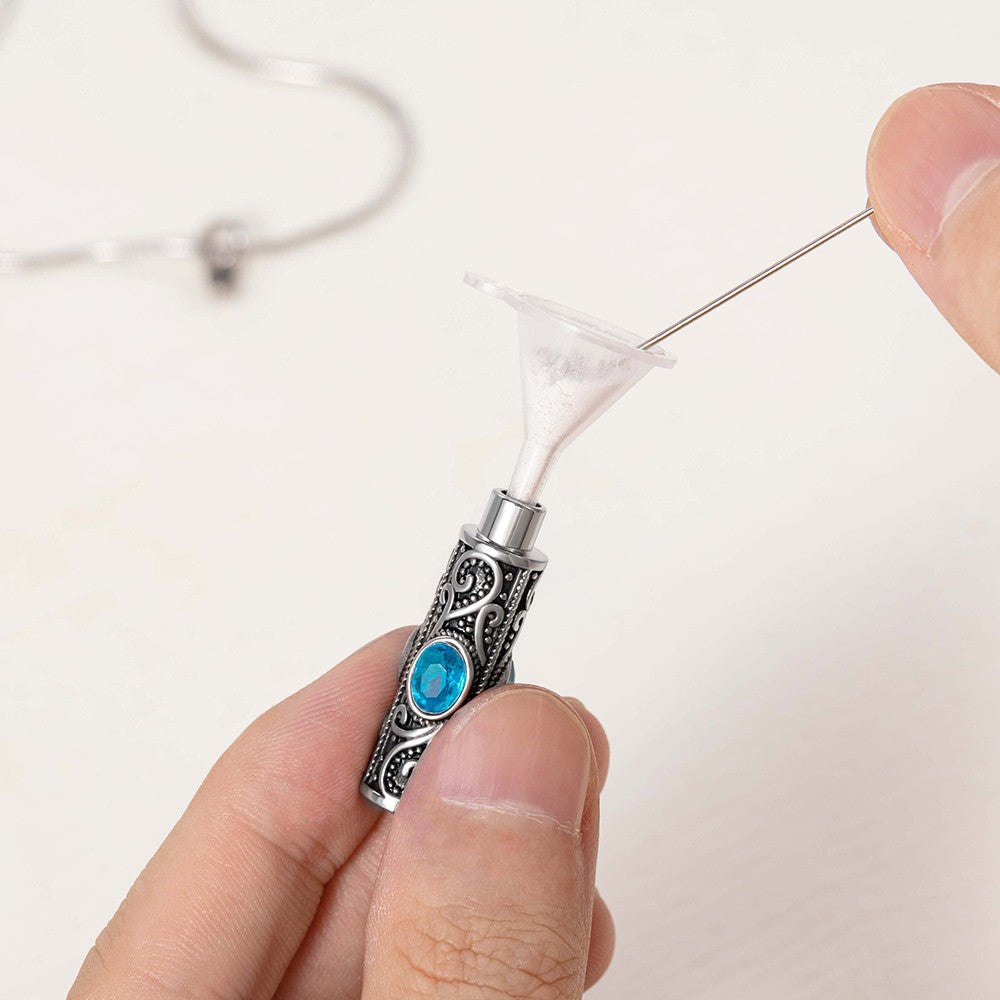 Personalized Gemstone Vintage Cylinder Urn Necklace for Ashes, Cremation Jewelry, Memorial Keepsake, Sympathy Gift for Pet Loss/Family/Friend/Lover