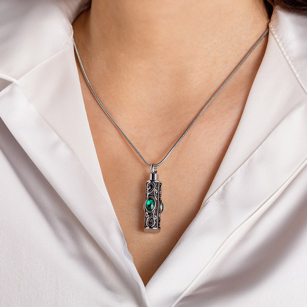Personalized Gemstone Vintage Cylinder Urn Necklace for Ashes, Cremation Jewelry, Memorial Keepsake, Sympathy Gift for Pet Loss/Family/Friend/Lover