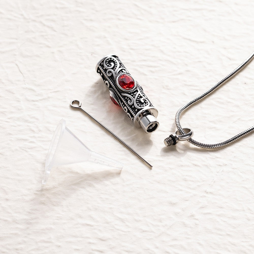 Personalized Gemstone Vintage Cylinder Urn Necklace for Ashes, Cremation Jewelry, Memorial Keepsake, Sympathy Gift for Pet Loss/Family/Friend/Lover