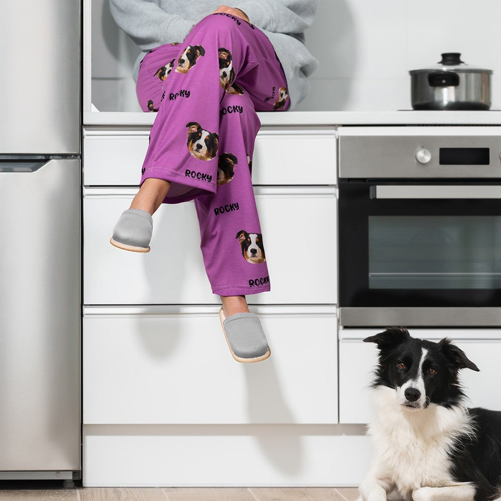 Custom Name Pet Portrait Pajama Pants, Personalized Dog Cat Face Photos Sleepwear Bottoms, Funny Lounge Pants with Drawstring, Gift for Pet Mom/Dad