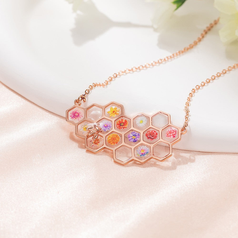 Custom Birth Month Flower Necklace, Brass/Sterling Silver 925 Honeycomb Pendant, Flower Necklace for Her