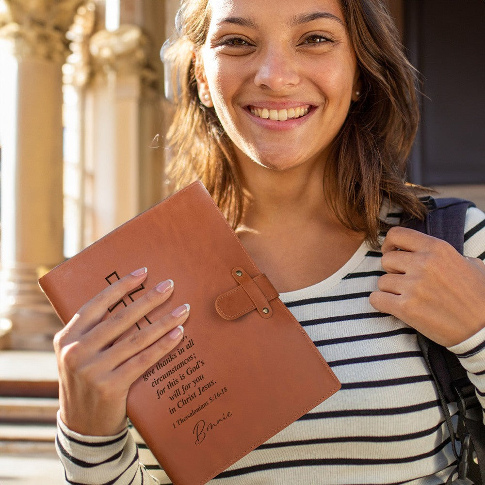Custom Name Cross Leather Book Cover with Bible Scriptures, Journal Cover with Notebook, Stationery Organizer, Christmas Gift for Traveler/Christian