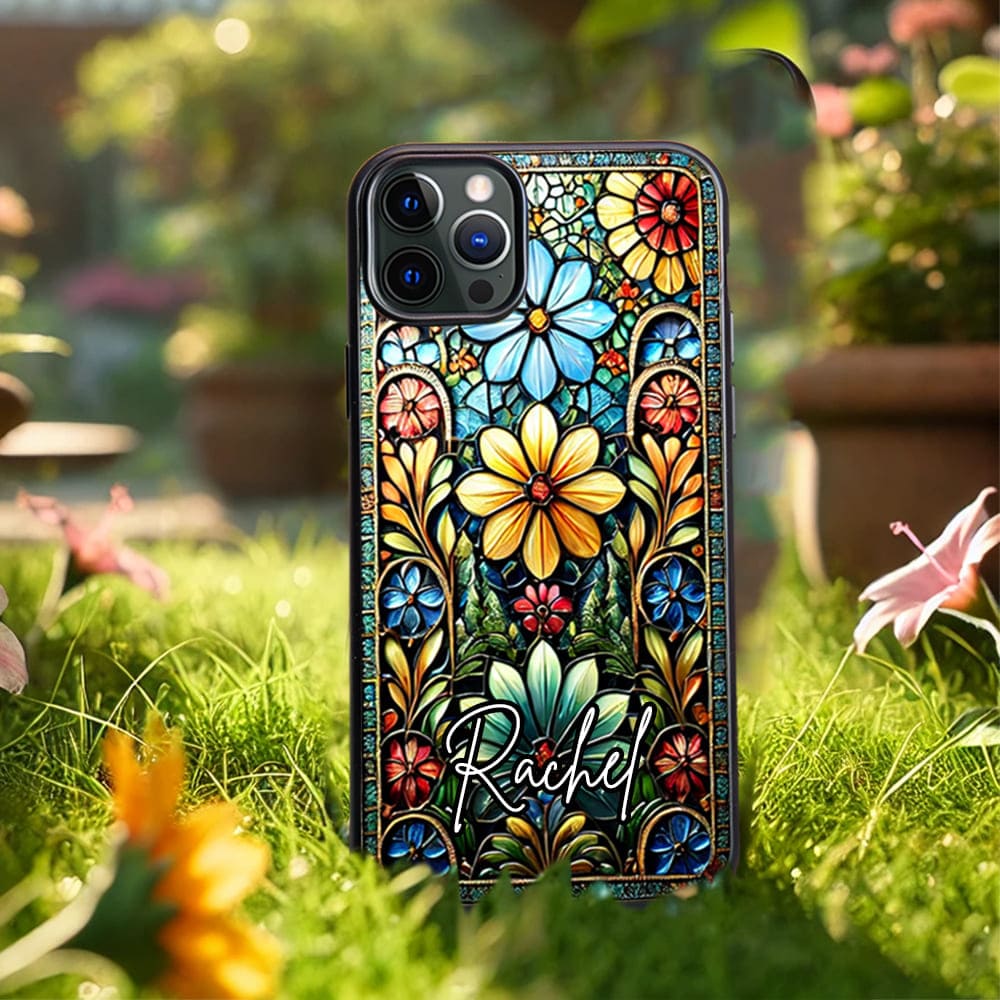 Personalized Floral Art Design, Floral Mosaic Style Phone Case, Vintage Stained Glass Pattern Protective Cover for iPhone, Samsung Galaxy