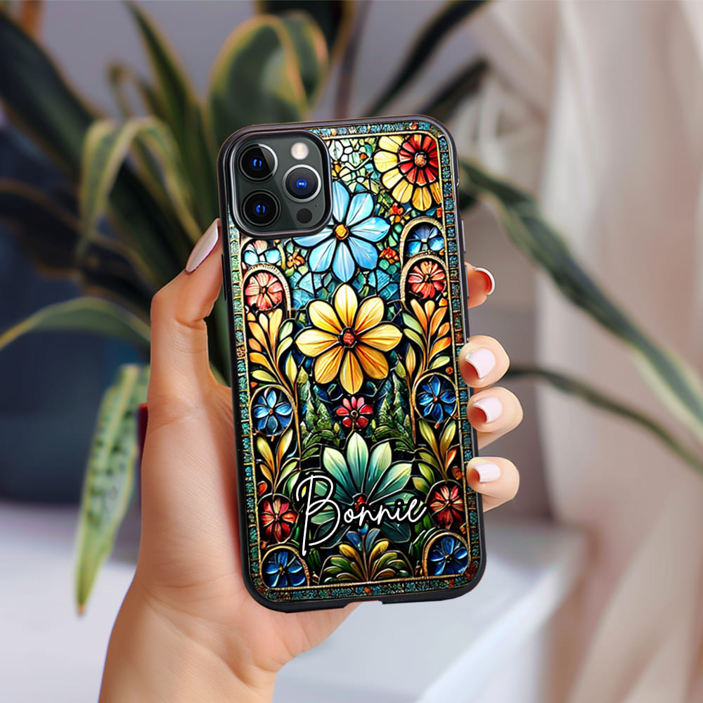 Personalized Floral Art Design, Floral Mosaic Style Phone Case, Vintage Stained Glass Pattern Protective Cover for iPhone, Samsung Galaxy