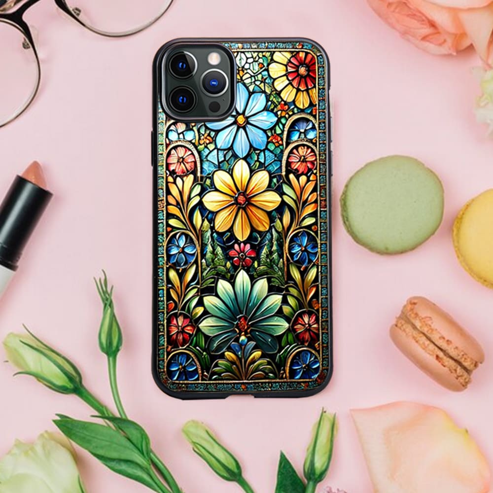 Personalized Floral Art Design, Floral Mosaic Style Phone Case, Vintage Stained Glass Pattern Protective Cover for iPhone, Samsung Galaxy