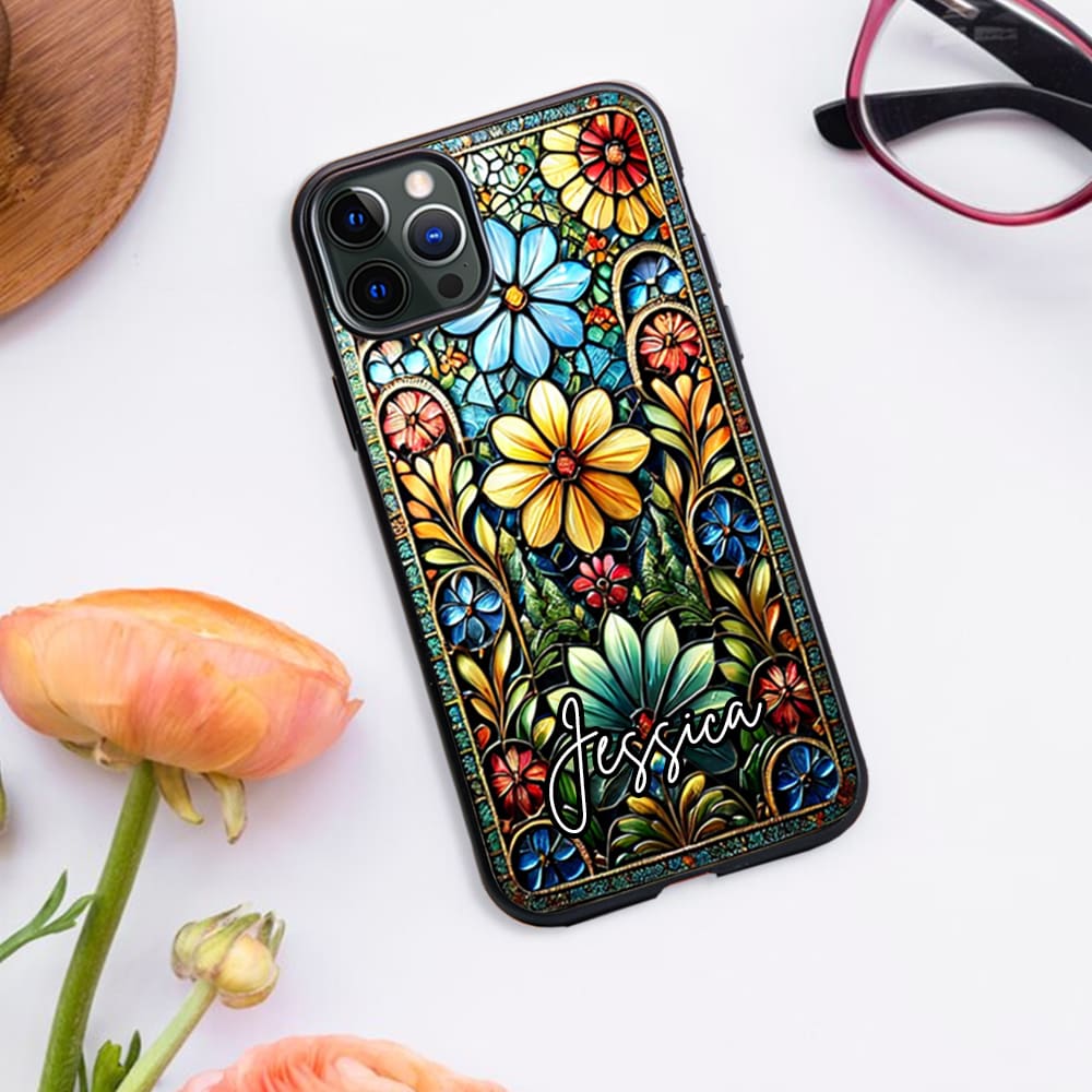 Personalized Floral Art Design, Floral Mosaic Style Phone Case, Vintage Stained Glass Pattern Protective Cover for iPhone, Samsung Galaxy