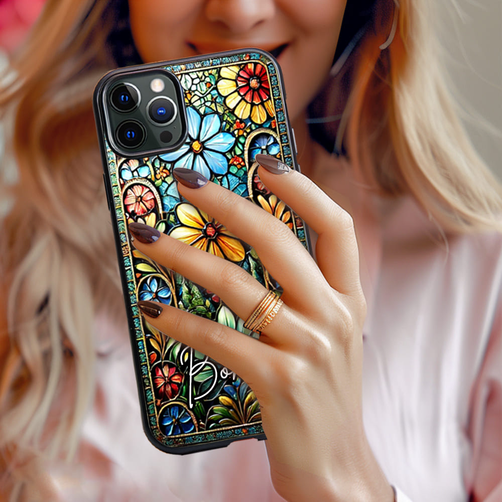 Personalized Floral Art Design, Floral Mosaic Style Phone Case, Vintage Stained Glass Pattern Protective Cover for iPhone, Samsung Galaxy
