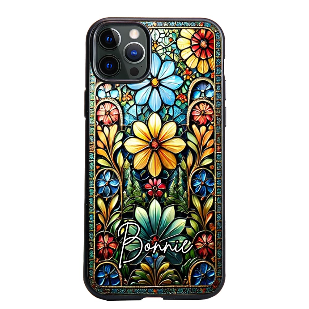 Personalized Floral Art Design, Floral Mosaic Style Phone Case, Vintage Stained Glass Pattern Protective Cover for iPhone, Samsung Galaxy