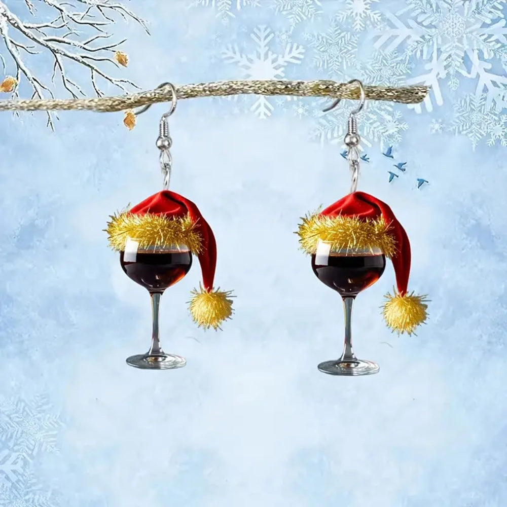 Christmas Wine Glass Earrings, Festive Acrylic Earrings with Santa Hat Design for Holiday Cheer