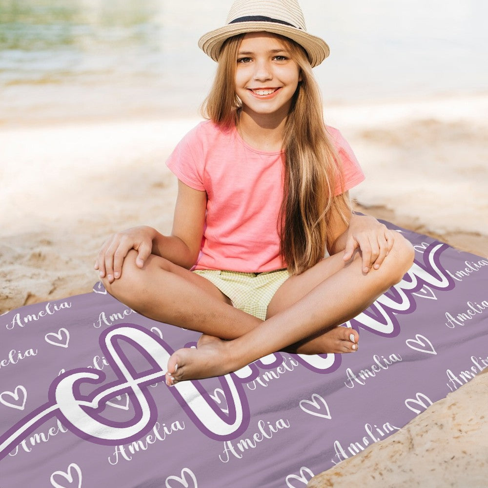 Personalized Name Hearts Beach Towel, Quick Dry Microfiber Bath Towel, Vacation/Sunbathing/Beach/Spa/Pool Party Favor, Gift for Kids/Family/Friends