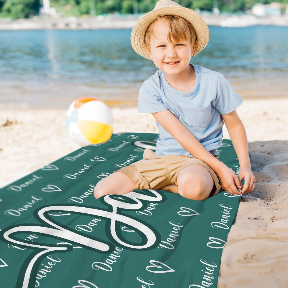 Personalized Name Hearts Beach Towel, Quick Dry Microfiber Bath Towel, Vacation/Sunbathing/Beach/Spa/Pool Party Favor, Gift for Kids/Family/Friends