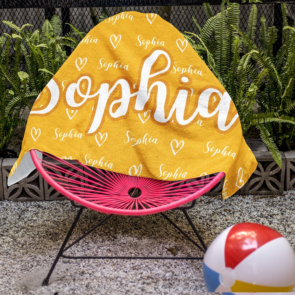 Personalized Name Hearts Beach Towel, Quick Dry Microfiber Bath Towel, Vacation/Sunbathing/Beach/Spa/Pool Party Favor, Gift for Kids/Family/Friends