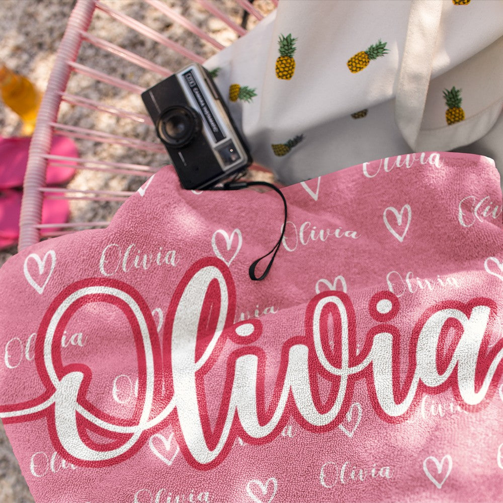 Personalized Name Hearts Beach Towel, Quick Dry Microfiber Bath Towel, Vacation/Sunbathing/Beach/Spa/Pool Party Favor, Gift for Kids/Family/Friends