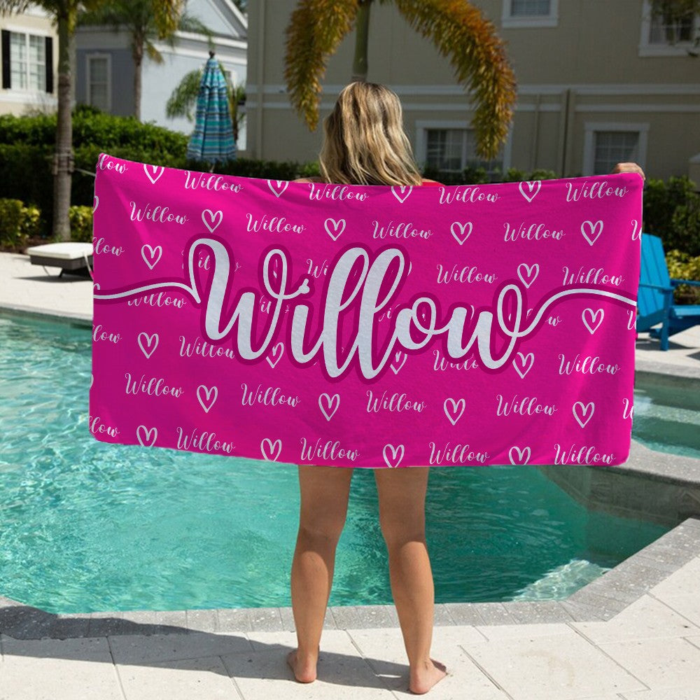 Personalized Name Hearts Beach Towel, Quick Dry Microfiber Bath Towel, Vacation/Sunbathing/Beach/Spa/Pool Party Favor, Gift for Kids/Family/Friends