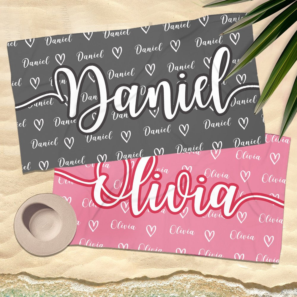 Personalized Name Hearts Beach Towel, Quick Dry Microfiber Bath Towel, Vacation/Sunbathing/Beach/Spa/Pool Party Favor, Gift for Kids/Family/Friends
