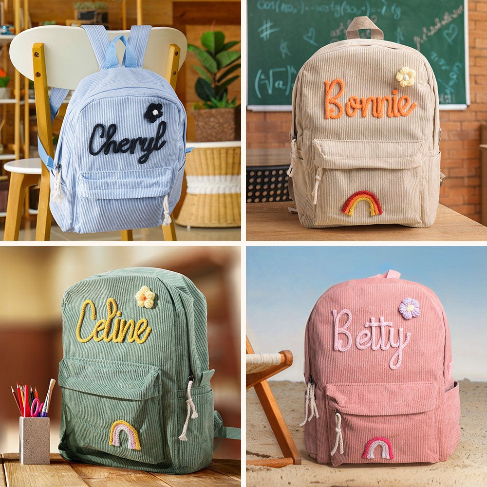 Personalized Braided Flower Rainbow Name Corduroy Backpack, Custom Toddler School Bag, Birthday/Children's Day/Back to School Gift for Kids