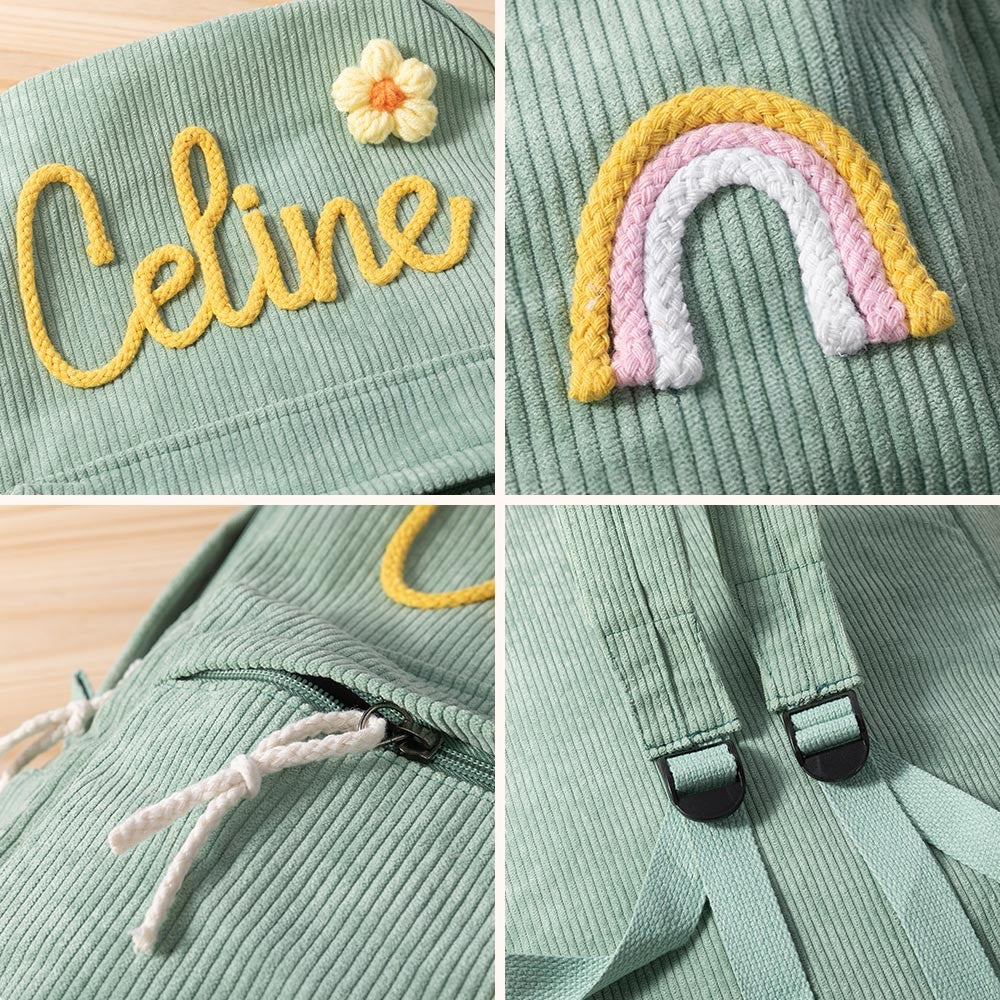 Personalized Braided Flower Rainbow Name Corduroy Backpack, Custom Toddler School Bag, Birthday/Children's Day/Back to School Gift for Kids