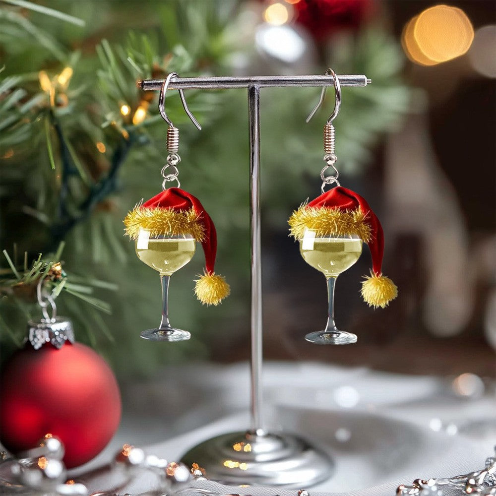 Christmas Wine Glass Earrings, Festive Acrylic Earrings with Santa Hat Design for Holiday Cheer